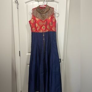 Woman’s Indian sleeveless floor length lehnga gown hot pink and navy blue